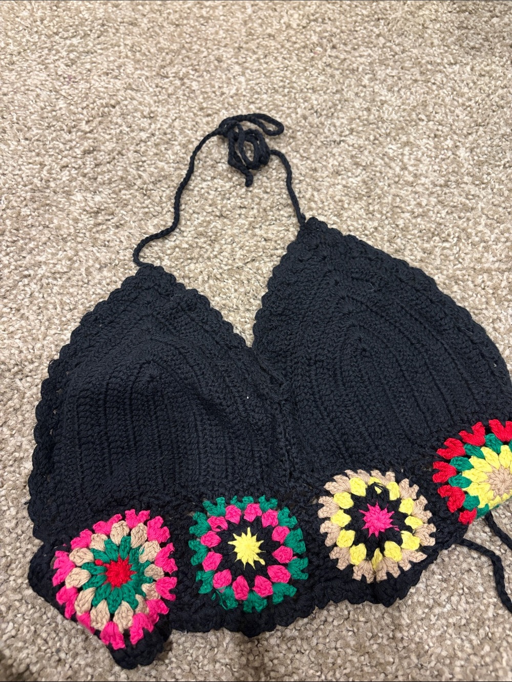 Lucky Brand Black Crochet Halter Top with Multicolor Crochet Medallions